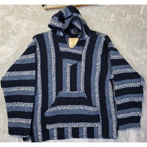 Baja Joe Mexican Drug Rug Pullover Hoodie Poncho L Blue Stripe Pouch Hippie Boho